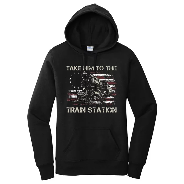 Vintage Old American Flag Take Him To The Train Station Women's Pullover Hoodie