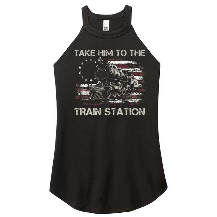 Vintage Old American Flag Take Him To The Train Station Women’s Perfect Tri Rocker Tank