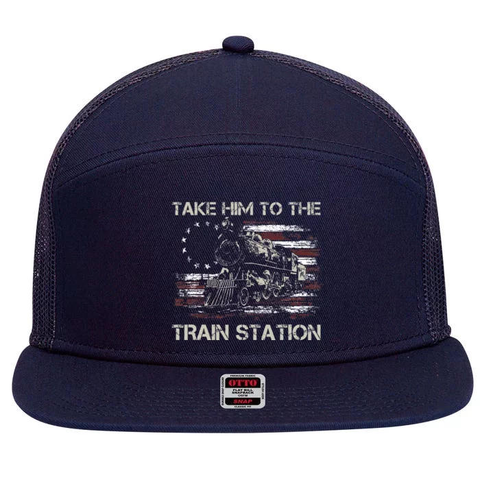 Vintage Old American Flag Take Him To The Train Station 7 Panel Mesh Trucker Snapback Hat