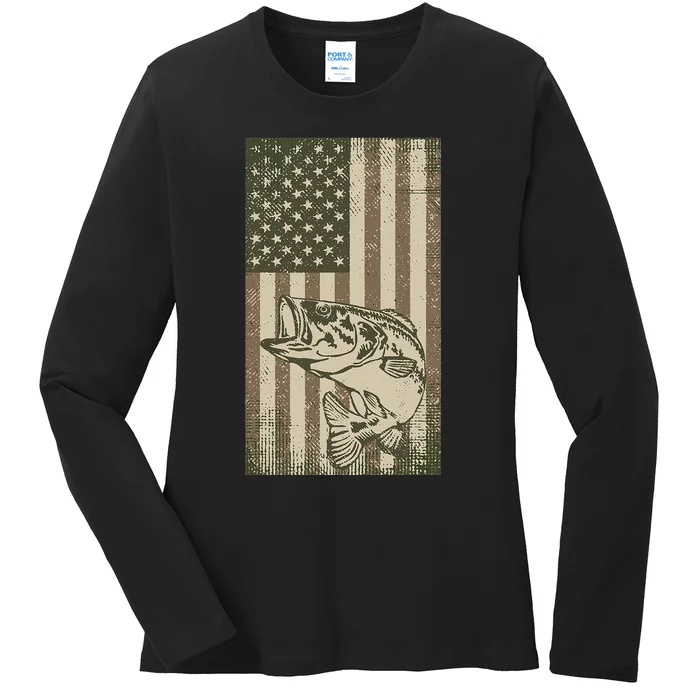 Vintage Outdoor Big Bass Fish Camouflage USA Fisherman Flag Ladies Long Sleeve Shirt