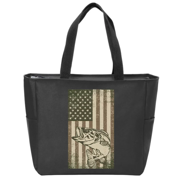 Vintage Outdoor Big Bass Fish Camouflage USA Fisherman Flag Zip Tote Bag