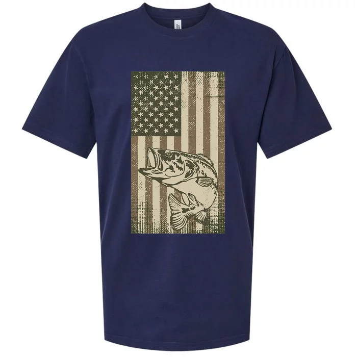 Vintage Outdoor Big Bass Fish Camouflage USA Fisherman Flag Sueded Cloud Jersey T-Shirt