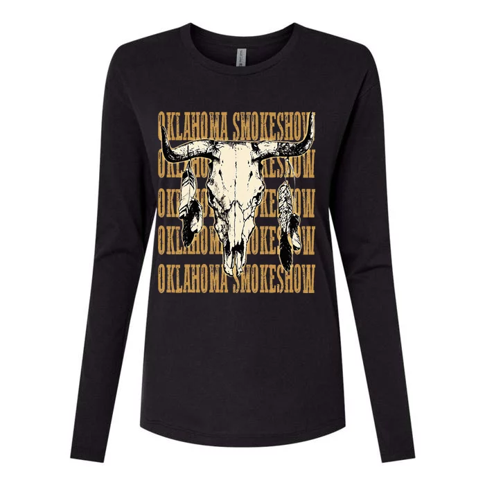 Vintage Oklahoma Bullskull Western Smokeshow With Feathers Womens Cotton Relaxed Long Sleeve T-Shirt