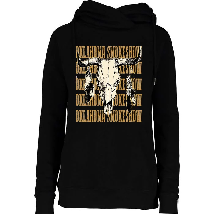 Vintage Oklahoma Bullskull Western Smokeshow With Feathers Womens Funnel Neck Pullover Hood