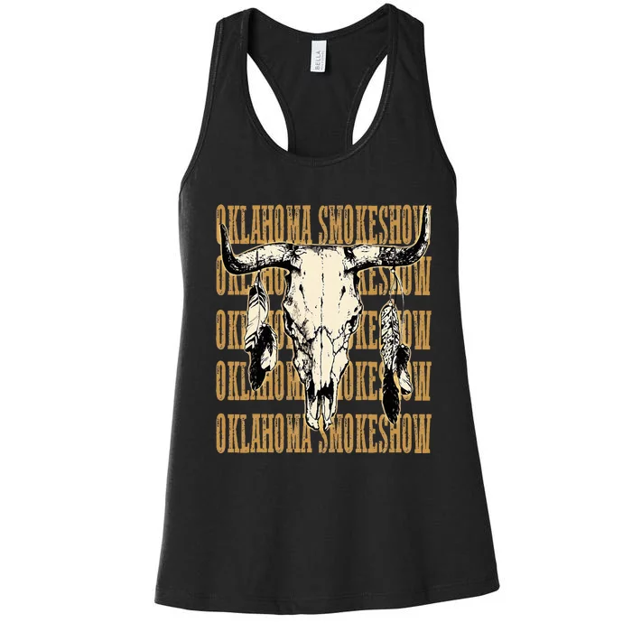 Vintage Oklahoma Bullskull Western Smokeshow With Feathers Women's Racerback Tank