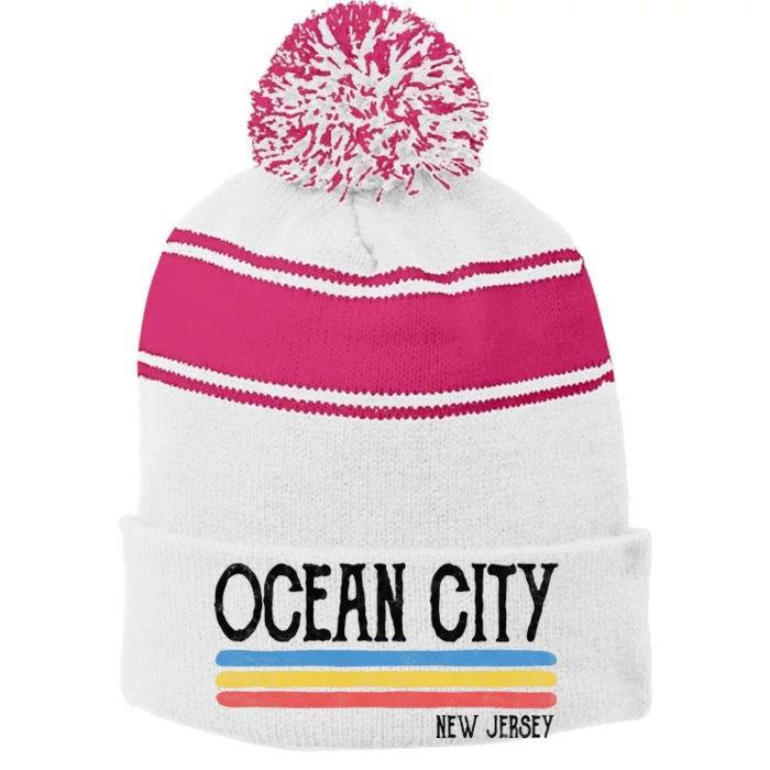 Vintage Ocean City New Jersey Nj Souvenir Gift Stripe Pom Pom Beanie