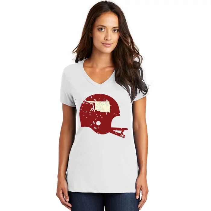 Vintage Oklahoma Football Helmet State Outline Women's V-Neck T-Shirt