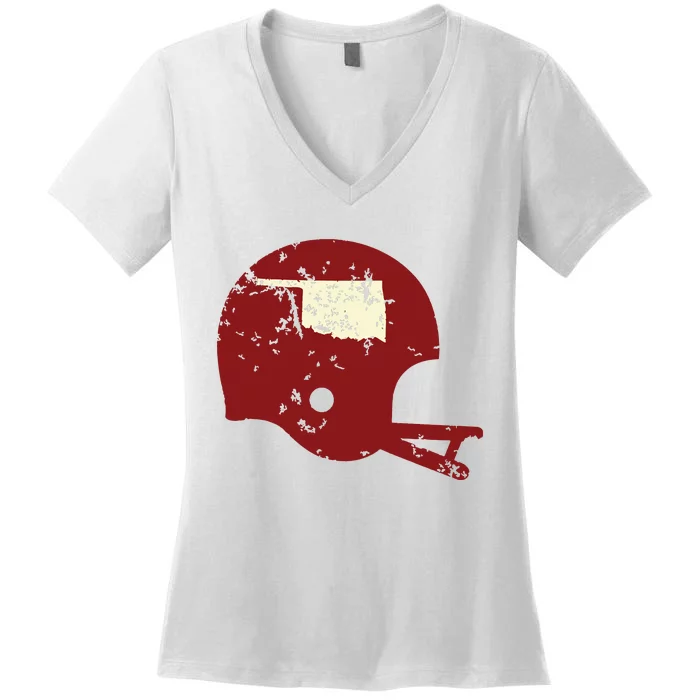 Vintage Oklahoma Football Helmet State Outline Women's V-Neck T-Shirt