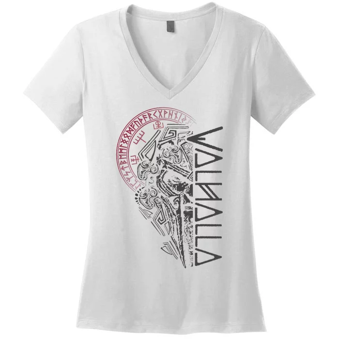 Valhalla Odin In Mask Runes Norse Compass Viking Women's V-Neck T-Shirt