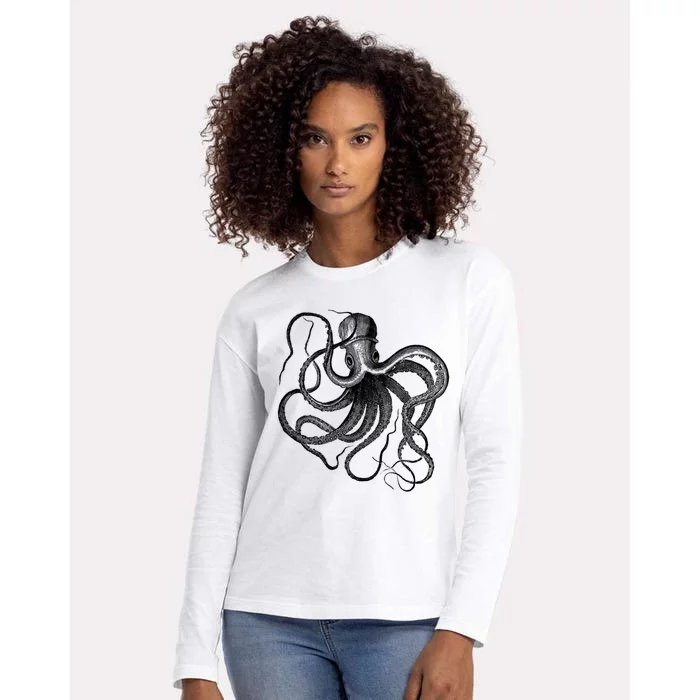 Vintage Octopus Illustration Womens Cotton Relaxed Long Sleeve T-Shirt