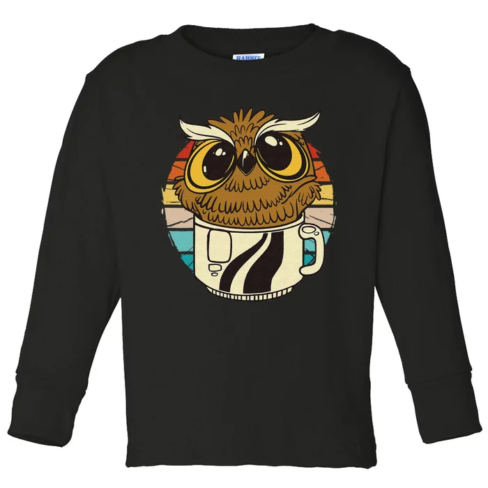 Vintage owl inside a coffee cup coffee night owl Toddler Long Sleeve Shirt