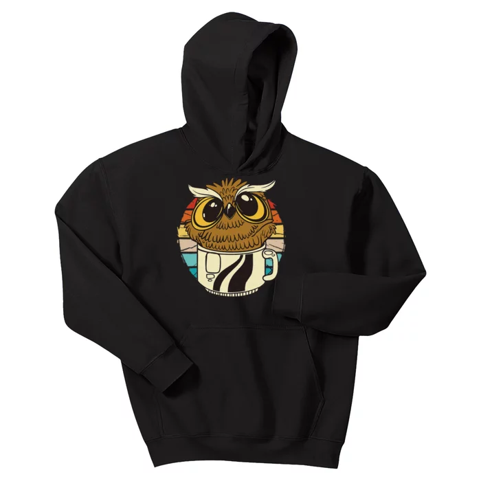 Vintage owl inside a coffee cup coffee night owl Kids Hoodie