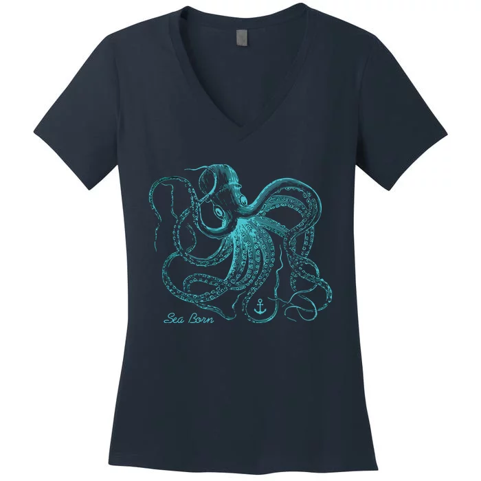 Vintage Octopus Marine Biologist Design Green Sea Life Women's V-Neck T-Shirt