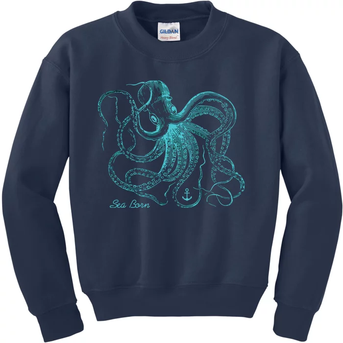 Vintage Octopus Marine Biologist Design Green Sea Life Kids Sweatshirt