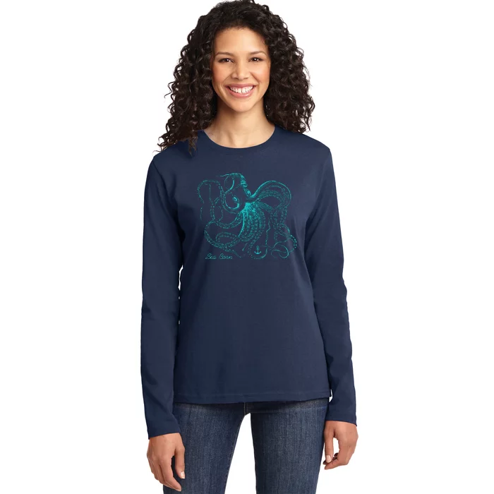 Vintage Octopus Marine Biologist Design Green Sea Life Ladies Long Sleeve Shirt