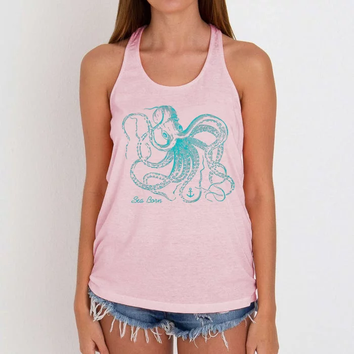 Vintage Octopus Marine Biologist Design Green Sea Life Women's Knotted Racerback Tank