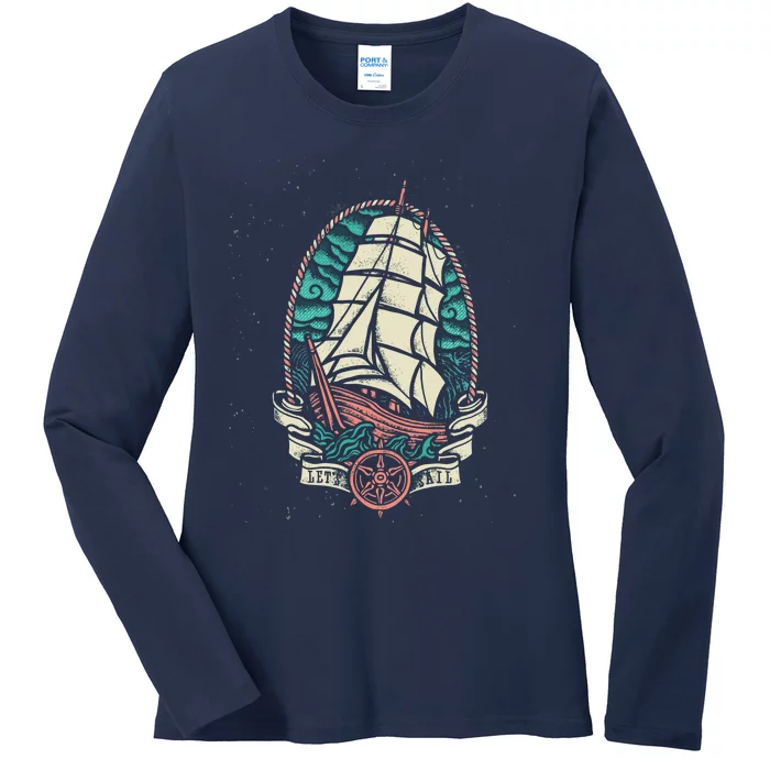 Vintage Old School Pirate Ship Ladies Long Sleeve Shirt