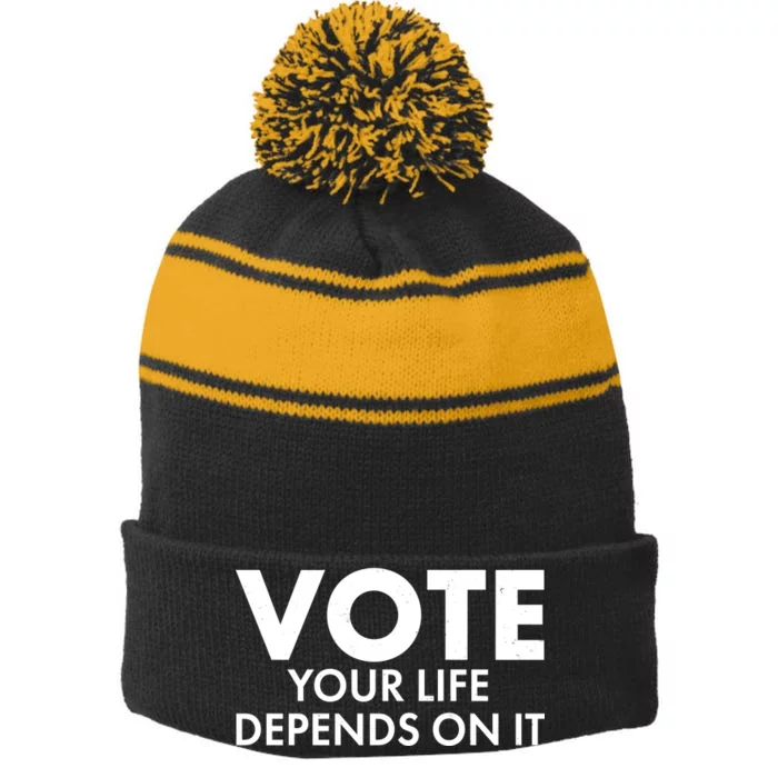 VOTE Your Life Depends On it Stripe Pom Pom Beanie