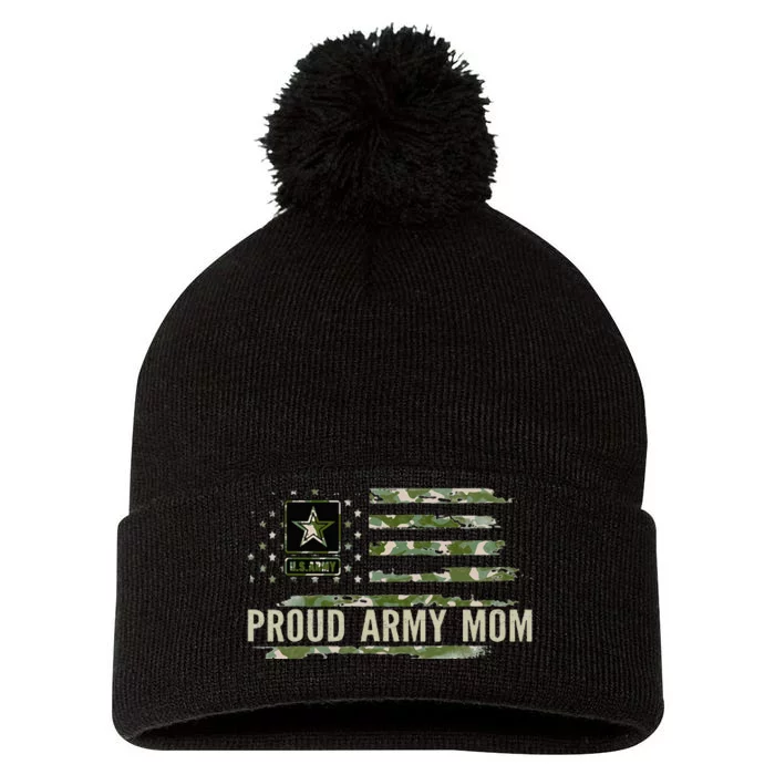 Vintage Proud Army Mom Camo American Flag Veteran Gift Pom Pom 12in Knit Beanie