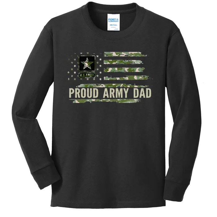 Vintage Proud Army Dad Camo American Flag Veteran Gift Kids Long Sleeve Shirt