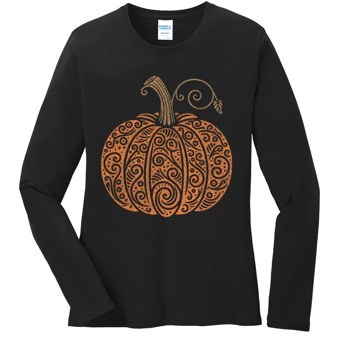 Vintage Pumpkin Autumn Fall Thanksgiving Halloween Ladies Long Sleeve Shirt