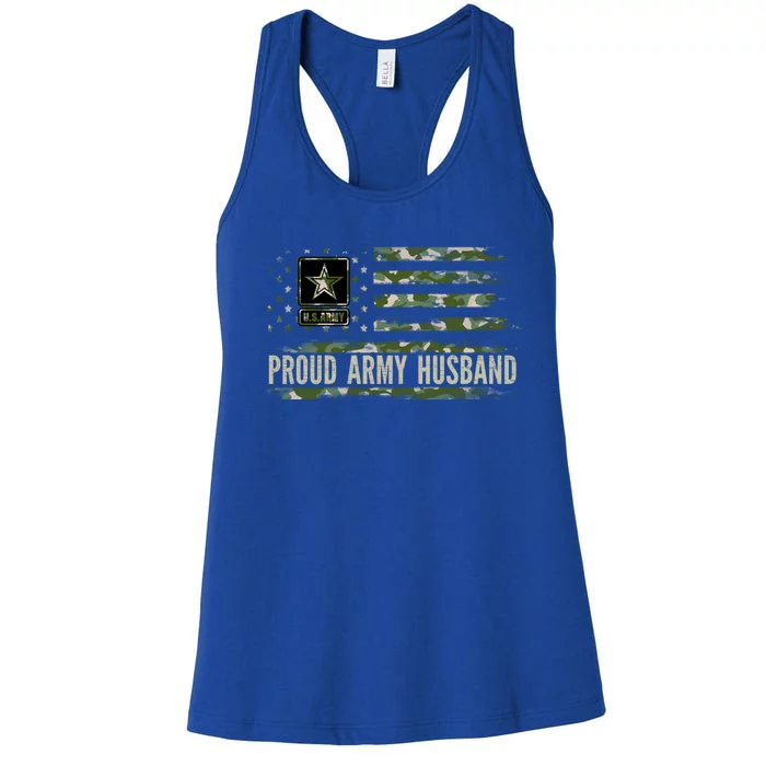 Vintage Proud Army Husband Camo American Flag Veteran Gift Women's Racerback Tank