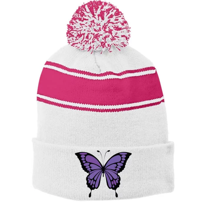 Vibrant Purple Butterfly Stripe Pom Pom Beanie