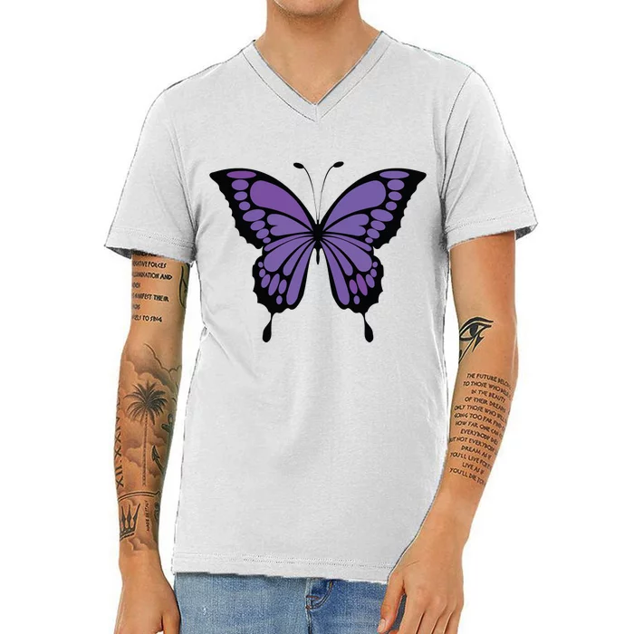 Vibrant Purple Butterfly V-Neck T-Shirt