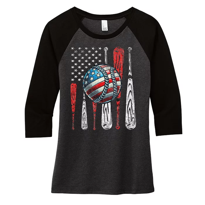 Vintage Patriotic Baseball 4th Of July Usa Flag Women's Tri-Blend 3/4-Sleeve Raglan Shirt