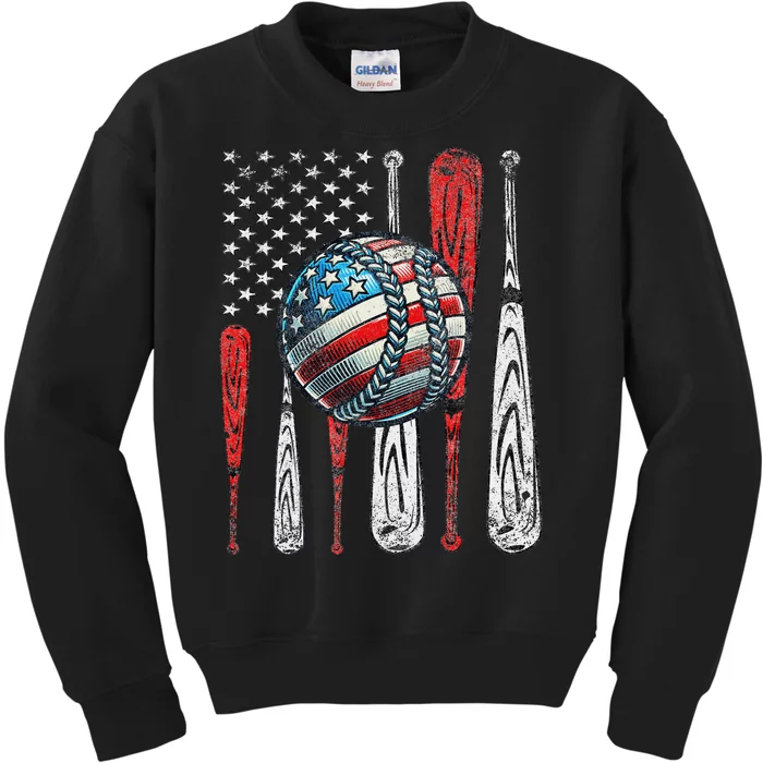 Vintage Patriotic Baseball 4th Of July Usa Flag Kids Sweatshirt