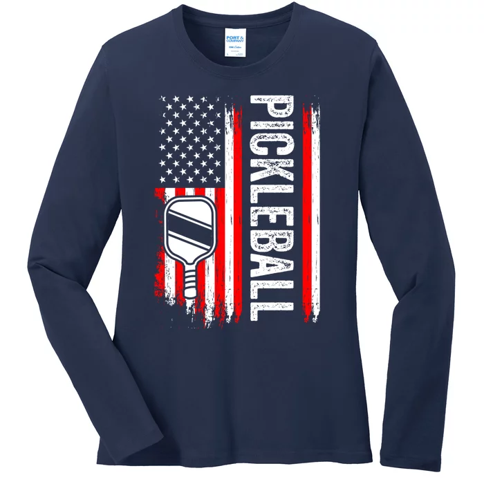 Vintage Pickle Ball Lover Usa Flag Us Flag Pickleball Player Ladies Long Sleeve Shirt