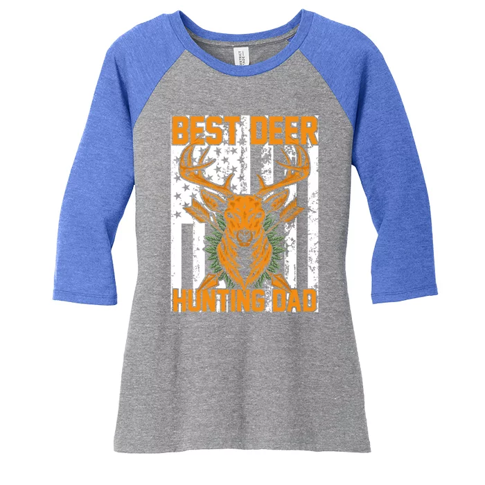 Vintage Patriotic Best Deer Hunting Dad American Flag Gift Women's Tri-Blend 3/4-Sleeve Raglan Shirt