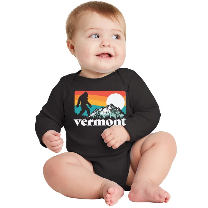 Vermont Pride Bigfoot Mountains Retro Nature Graphic Baby Long Sleeve Bodysuit