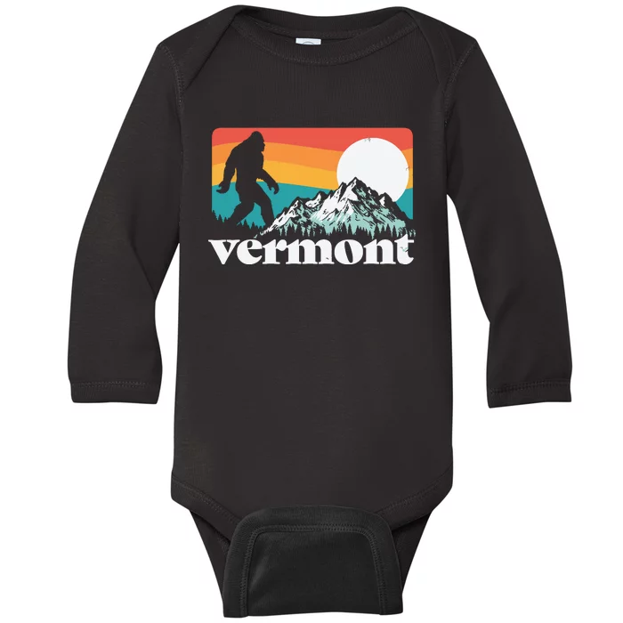 Vermont Pride Bigfoot Mountains Retro Nature Graphic Baby Long Sleeve Bodysuit