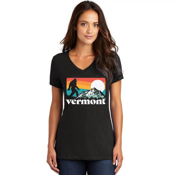 Vermont Pride Bigfoot Mountains Retro Nature Graphic Women's V-Neck T-Shirt