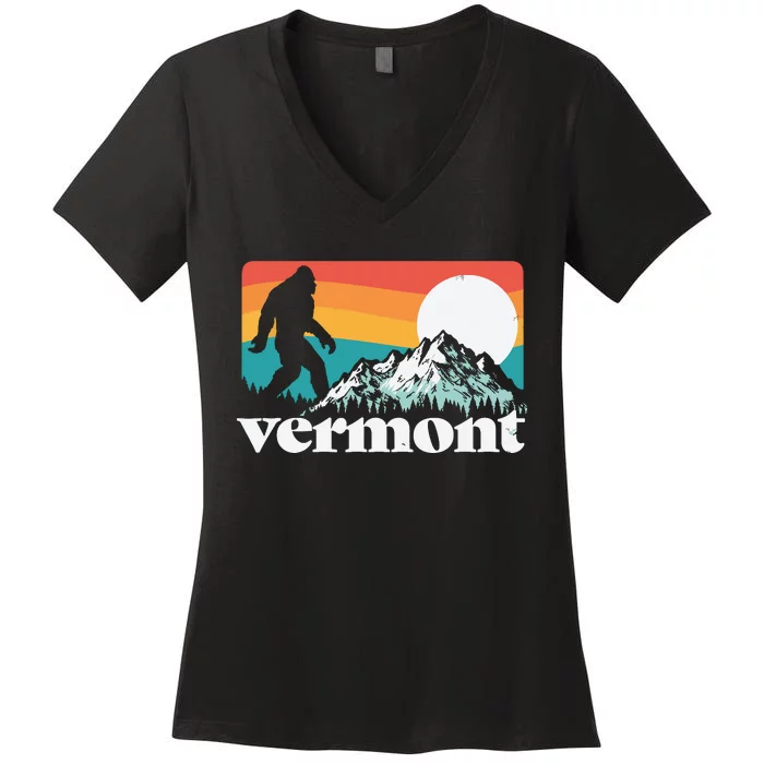 Vermont Pride Bigfoot Mountains Retro Nature Graphic Women's V-Neck T-Shirt