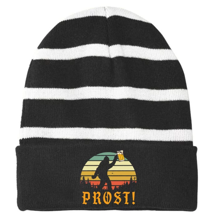 Vintage Prost! Bigfoot Yeti Drinking Beer German Oktoberfest Striped Beanie with Solid Band