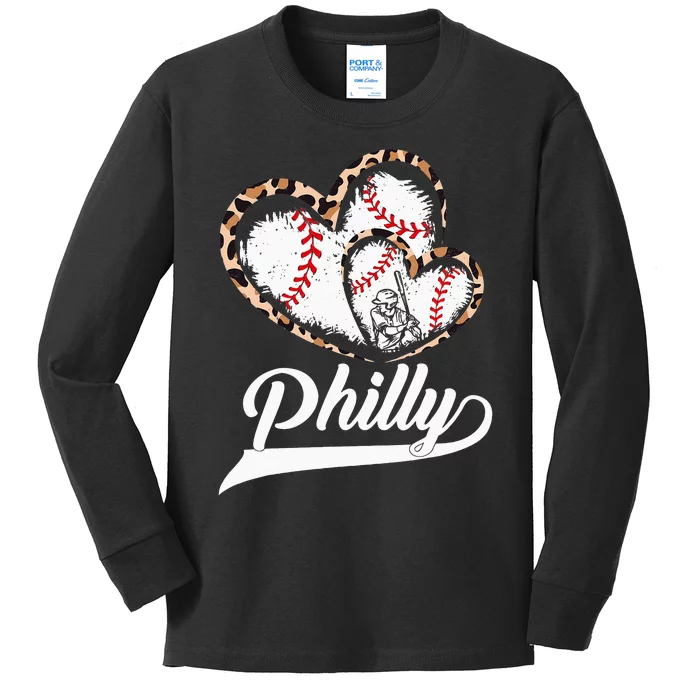 Vintage Philly Baseball Leopard Heart Baseball Fans Kids Long Sleeve Shirt