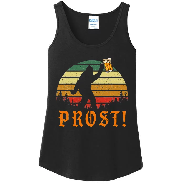 Vintage Prost! Bigfoot Yeti Drinking Beer German Oktoberfest Ladies Essential Tank