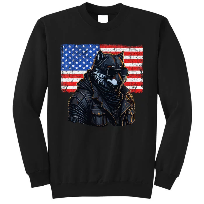 Vintage Patriotic Biker Wolf Shades Rustic American Flag USA Sweatshirt