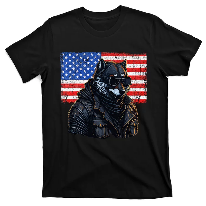 Vintage Patriotic Biker Wolf Shades Rustic American Flag USA T-Shirt