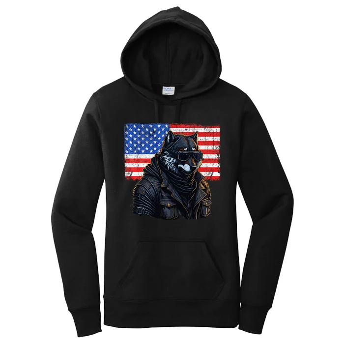 Vintage Patriotic Biker Wolf Shades Rustic American Flag USA Women's Pullover Hoodie