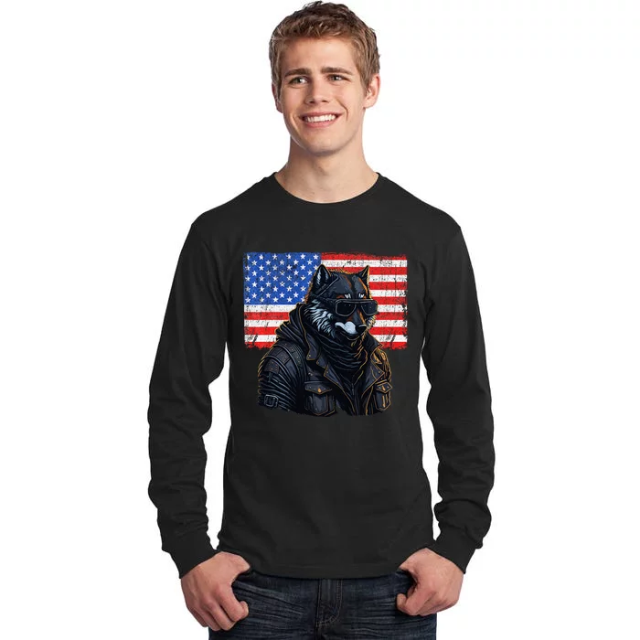 Vintage Patriotic Biker Wolf Shades Rustic American Flag USA Tall Long Sleeve T-Shirt