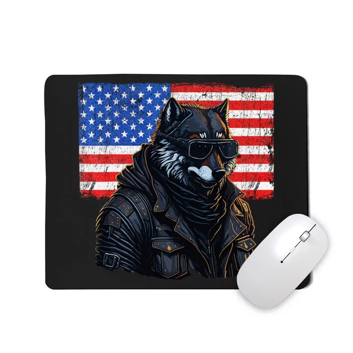 Vintage Patriotic Biker Wolf Shades Rustic American Flag USA Mousepad