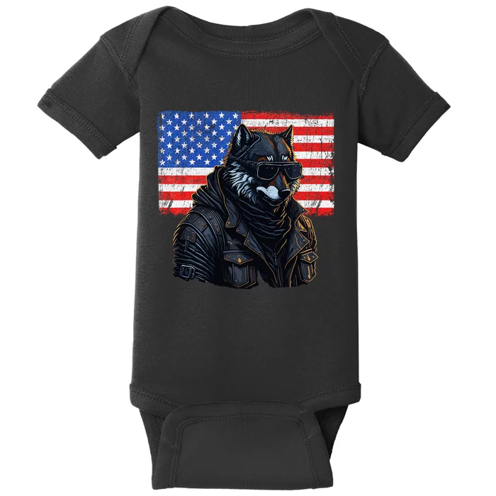 Vintage Patriotic Biker Wolf Shades Rustic American Flag USA Baby Bodysuit