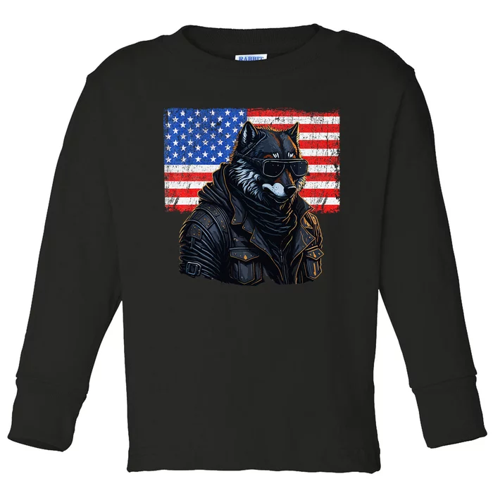 Vintage Patriotic Biker Wolf Shades Rustic American Flag USA Toddler Long Sleeve Shirt