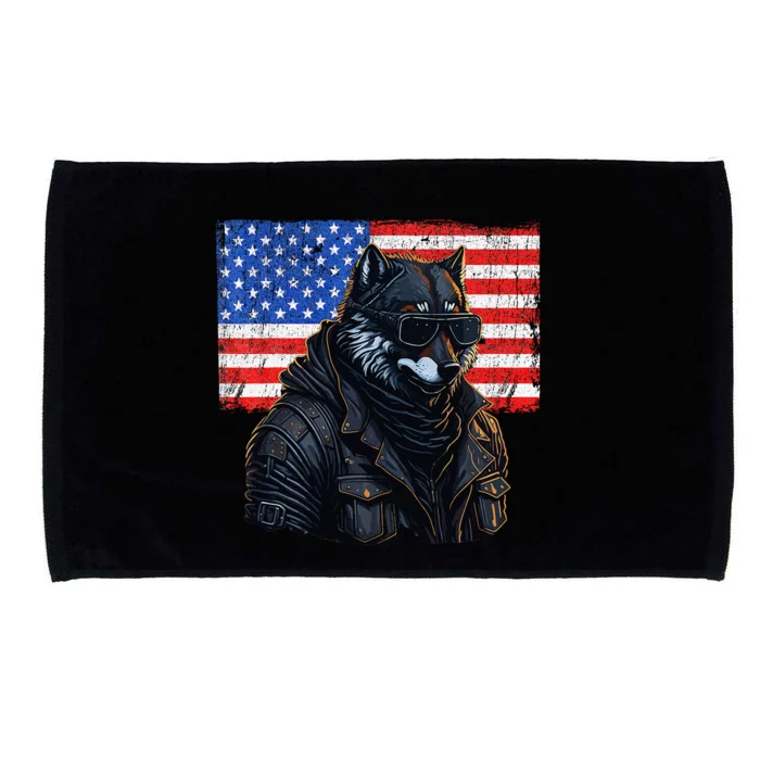 Vintage Patriotic Biker Wolf Shades Rustic American Flag USA Microfiber Hand Towel