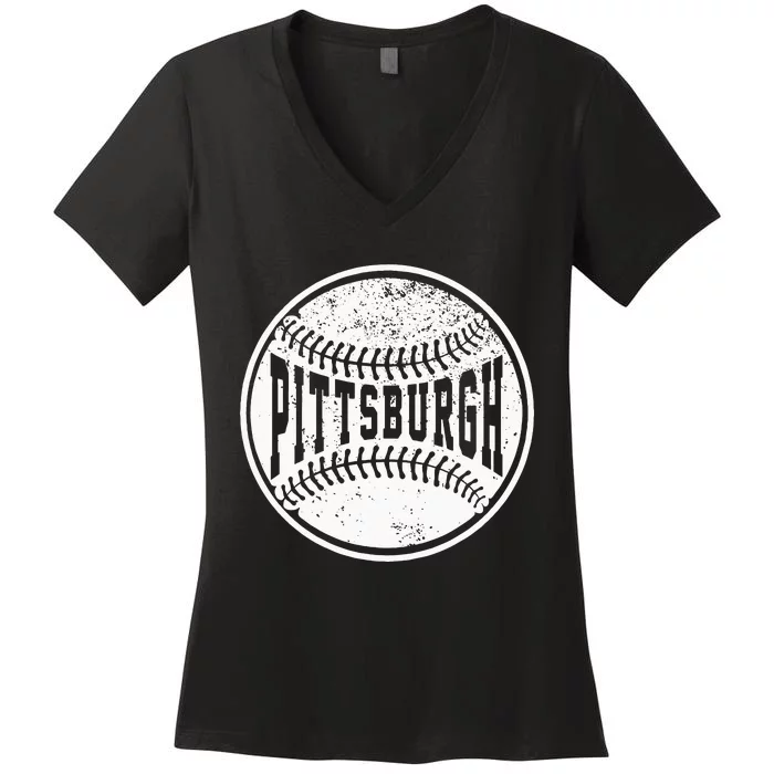 Vintage Pittsburgh Cityscape Baseball Lover Player And Fans Women's V-Neck T-Shirt