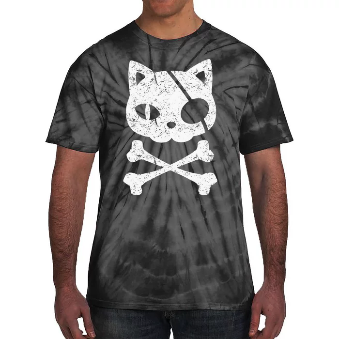 Vintage Pirate Cat Kitten Halloween Skull Cross Bones Tie-Dye T-Shirt