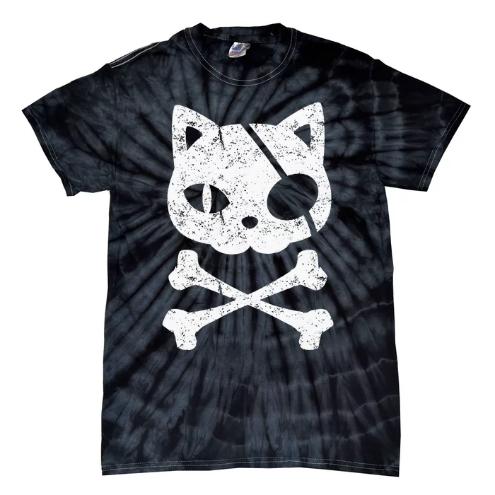 Vintage Pirate Cat Kitten Halloween Skull Cross Bones Tie-Dye T-Shirt